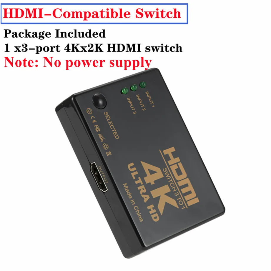 Répartiteur de câble HDMI 4K 2K 3x1, adaptateur de commutation vidéo HD 1080P, 3 entrées 1 Port de sortie, Hub HDMI pour Xbox PS4 DVD HDTV PC portable TV