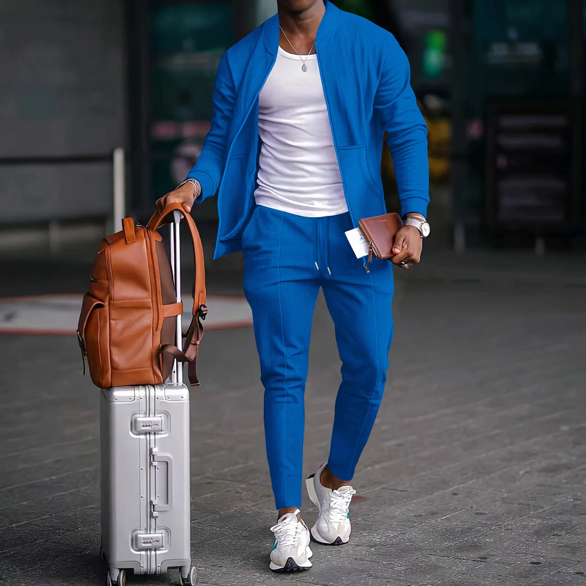 Ensemble blazer décontracté pour hommes, nouvelle mode, costume de baseball gaufré, col rond, poche, fermeture éclair, manches longues, pantalon deux pièces, automne et hiver