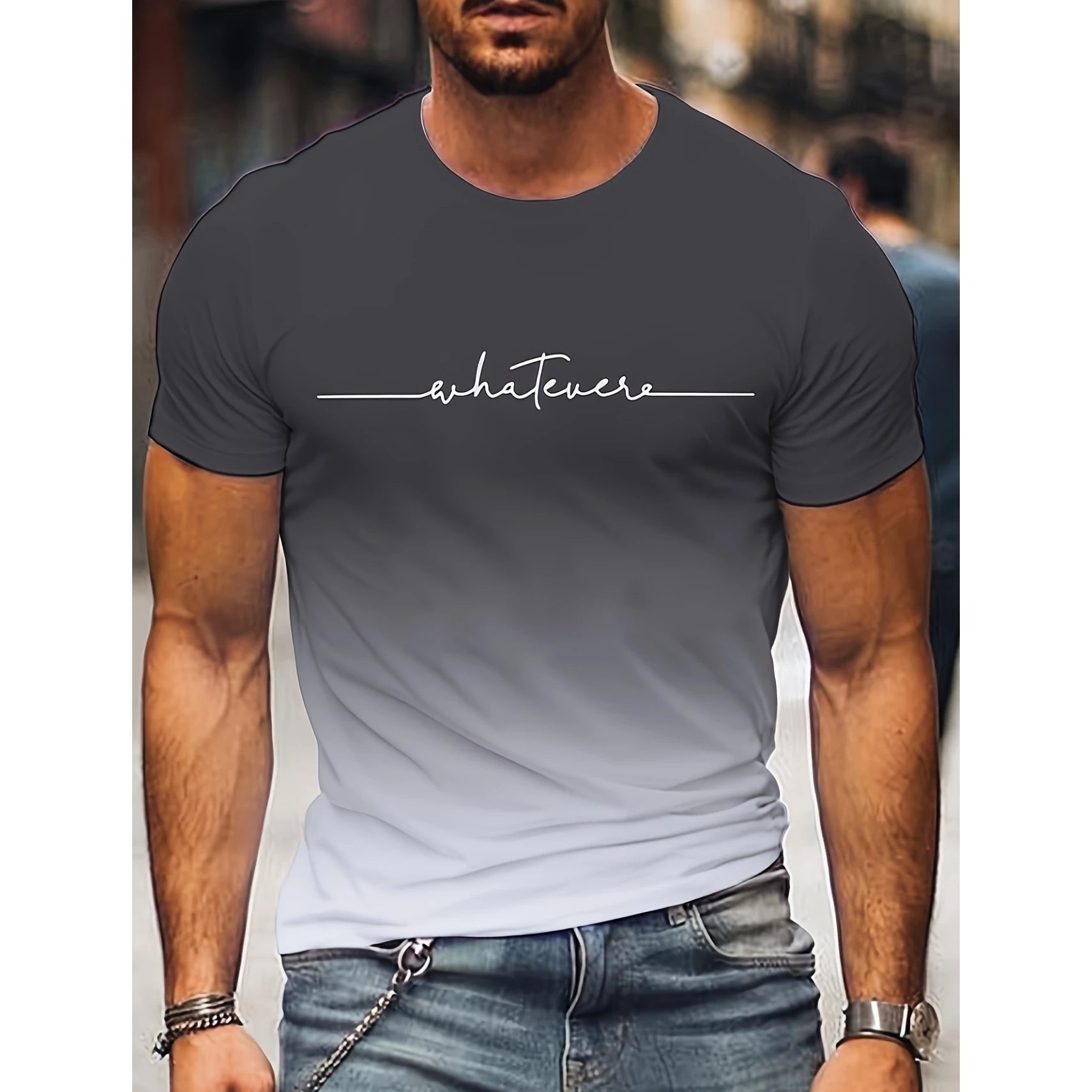 2024 Summer Fashion Men's Clothing Trendy Design Gradient Color Letter Print T-Shirt Top Breathable Soft Short Sleeve Menswear