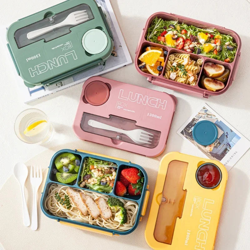 Boîte à déjeuner Portable à compartiment de 1300ML, boîte à Bento de bureau pour enfants étudiants avec fourchette et cuillère, récipient de stockage des aliments pour micro-ondes