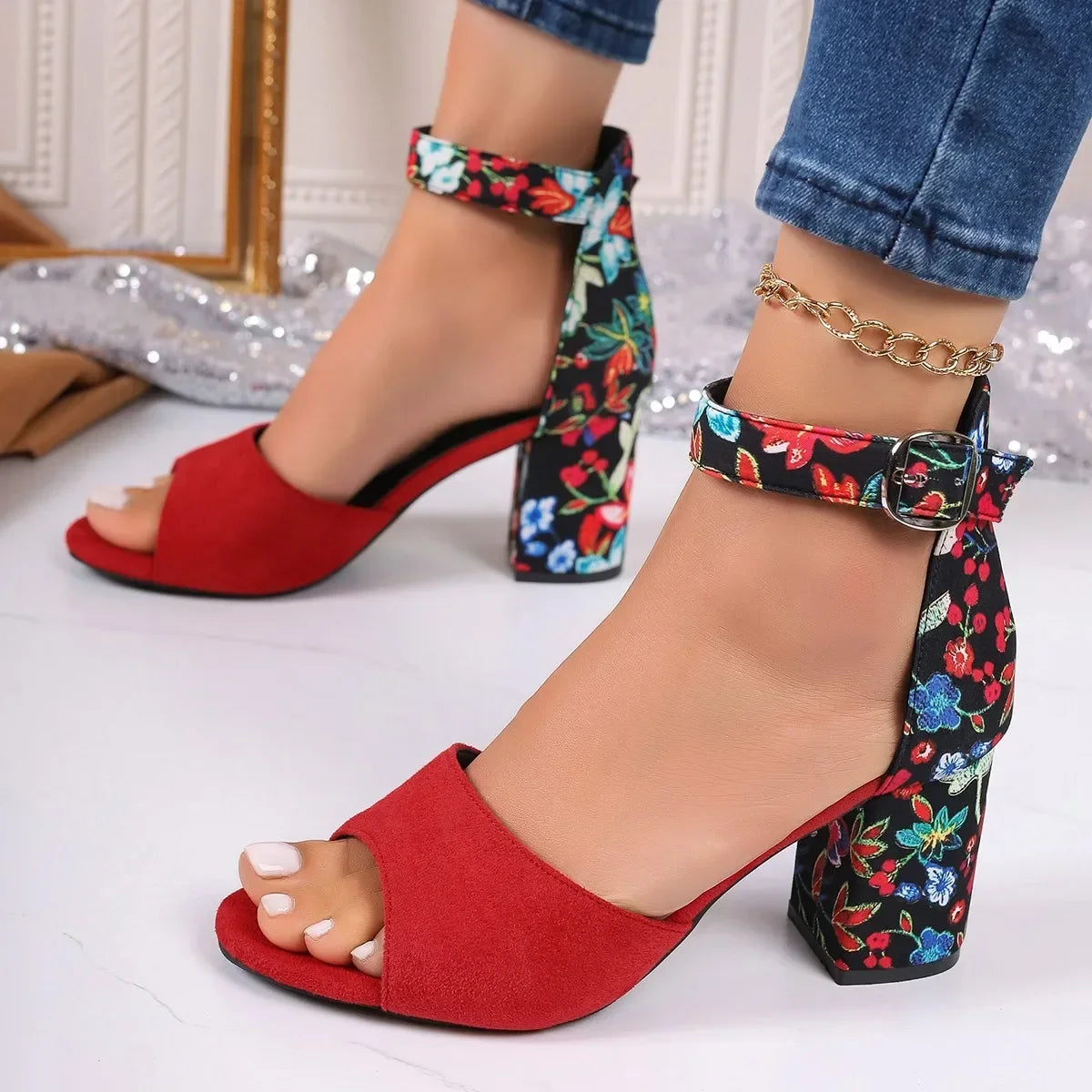 Sandales pour femmes chaussures à talons hauts talons épais Sandalias mode dames lanières de cheville chaussures de plage décontractées 43 grande taille