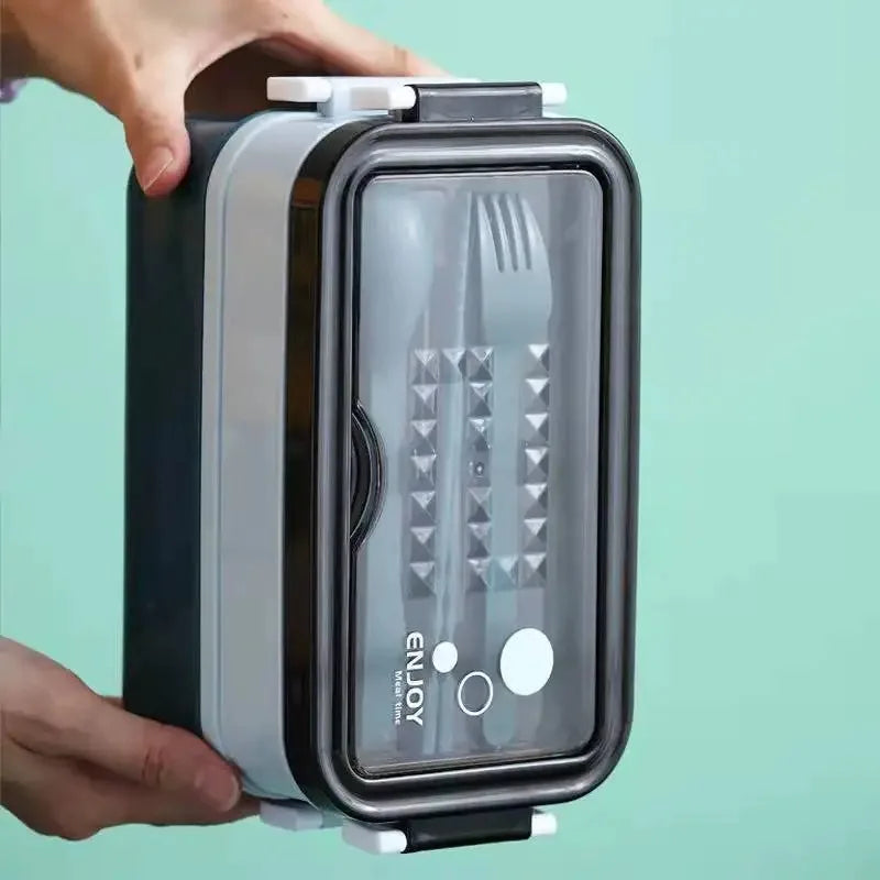 Boîte à déjeuner Double couche de 1400ml, compartiment Portable, boîte à nourriture, micro-ondes, avec fourchette, baguettes et cuillère, pique-nique frais, 1 pièce