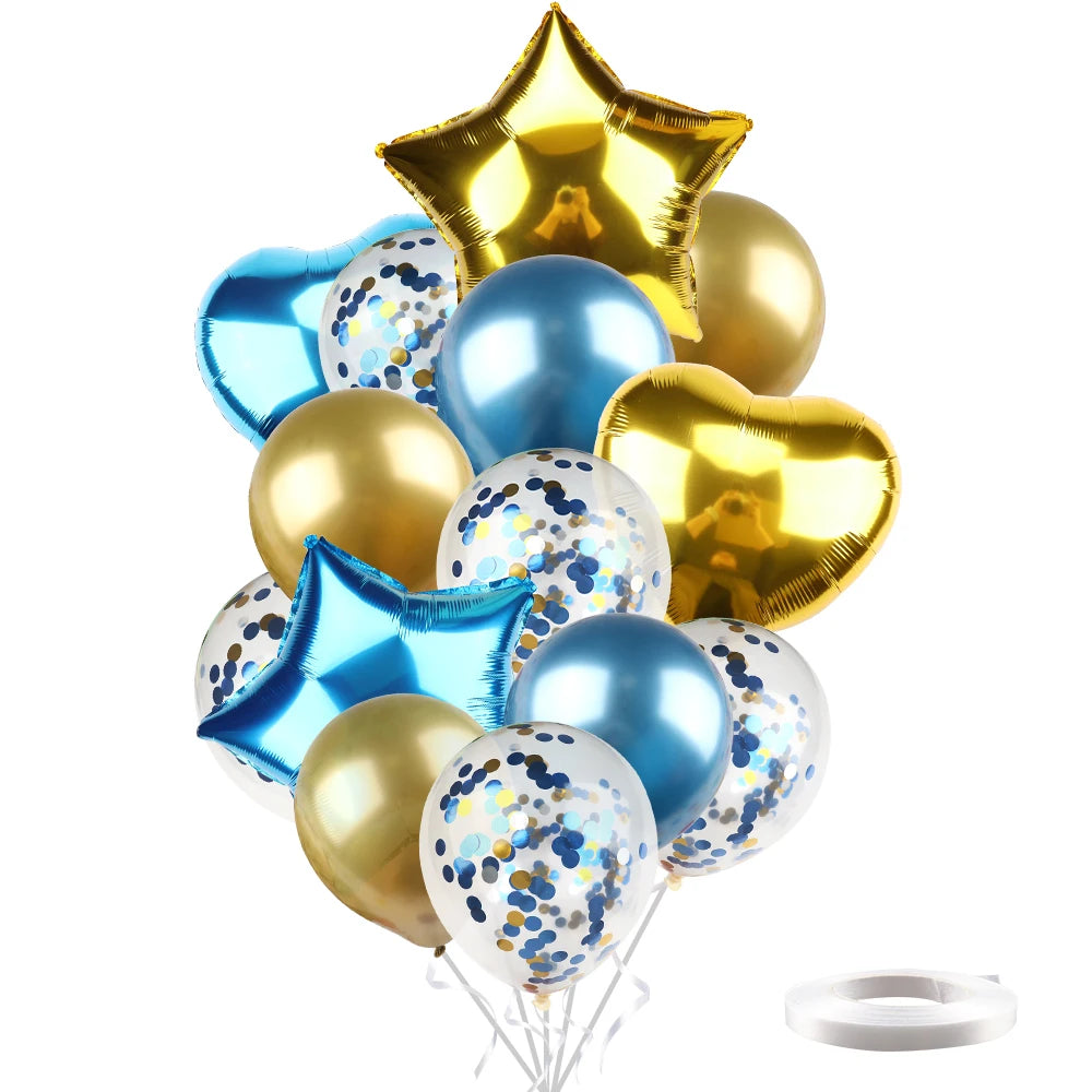 Ballons métalliques en forme d'étoile et de cœur, 14 pièces, ensemble de confettis or rouge bleu rose pour joyeux anniversaire, réception-cadeau pour bébé, mariage