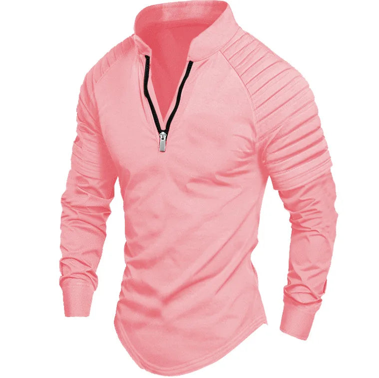 2024 Autumn men's half-zip long-sleeved Polo shirt arm pleats fashion stand-up collar top sweatshirt