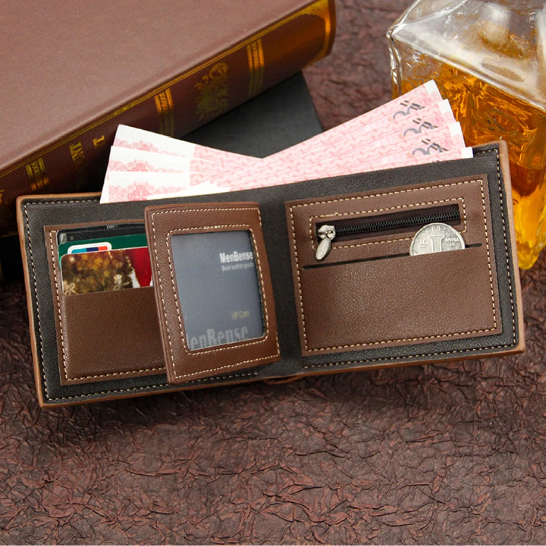 New Men's Wallet Short Cross Section Youth Tri-fold Wallet Stitching Business Multi-card Zipper Coin Purse Wallet Passport Cover