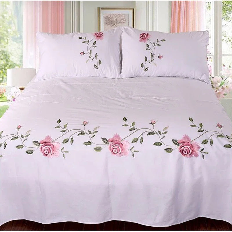 WASART Rose flore broderie design drap plat couleur unie coton sergé lin literie luxe maison textiles reine roi taille