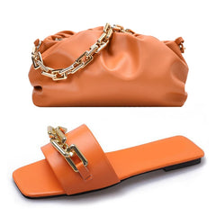 Sac à main et sac à main en cuir PU de haute qualité, ensembles de sandales à chaîne, chaussures plates et ensemble de sacs assortis pour femmes de luxe