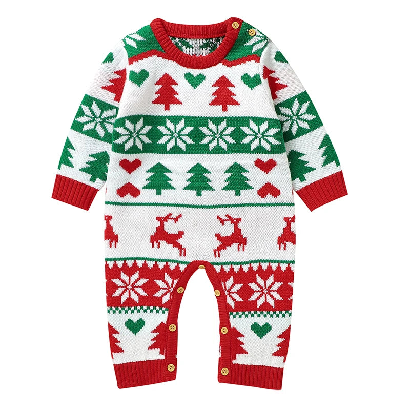 2025 Combinaison de Noël unisexe pour bébé Vert Vêtements mignons pour nouveau-né Automne Hiver Garçons Filles Col rond Cadeau de Noël Body en tricot