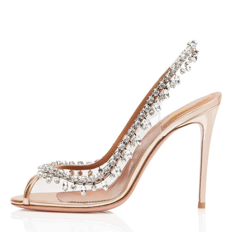 Sandales d'été à talons hauts pour femmes, bouche de poisson transparente avec chaîne en strass, talons aiguilles, chaussures à dos vide, nouvelle collection
