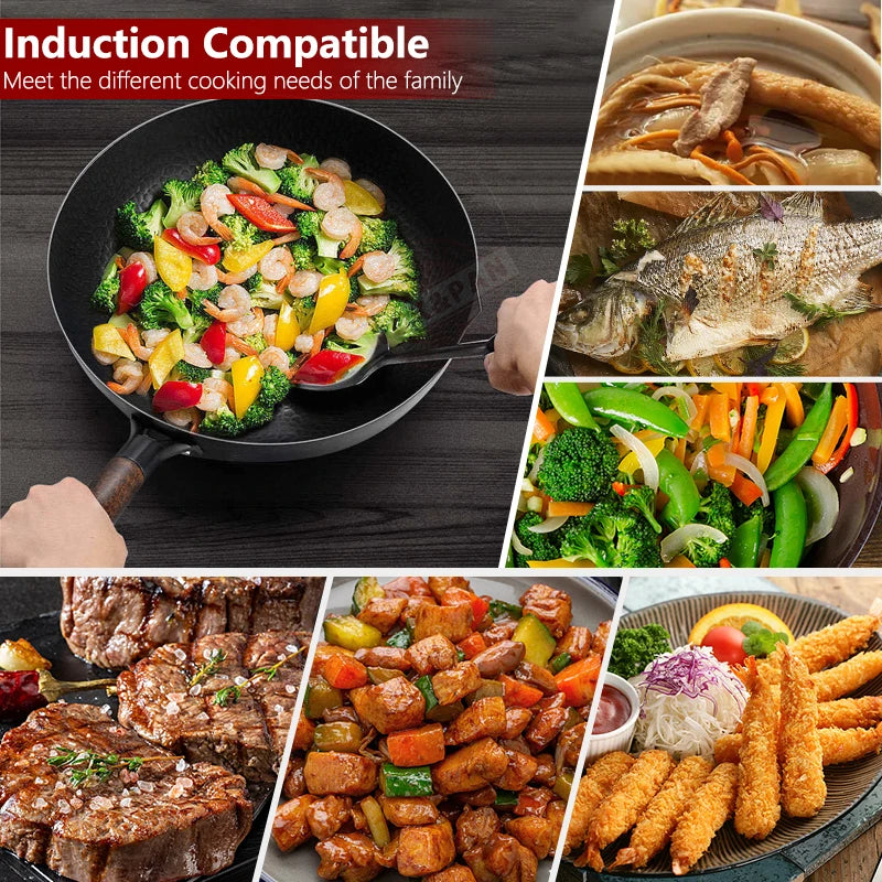 Poêle Wok en acier au carbone, 32cm, avec couvercle en bois, poêle chinoise à fond plat non revêtu, pour gaz électrique à Induction, toutes les cuisinières