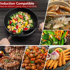 Poêle Wok en acier au carbone, 32cm, avec couvercle en bois, poêle chinoise à fond plat non revêtu, pour gaz électrique à Induction, toutes les cuisinières