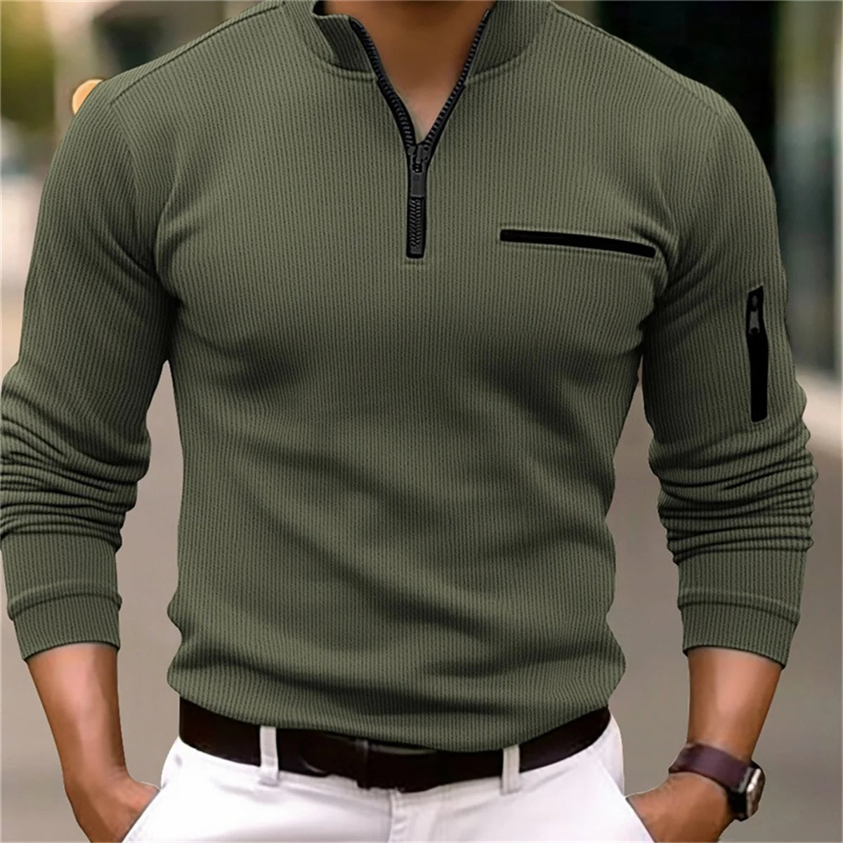 Men's Spring and Autumn Sports Casual Tooling Style Solid Color Striped Arm Zipper Splicing Fake Pocket Long Sleeve POLO Shirt