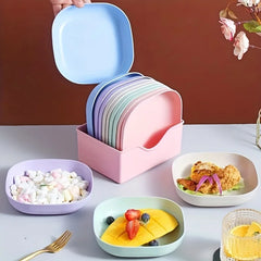 Un ensemble de 10 assiettes carrées avec 1 support – ensemble d'assiettes alimentaires portables