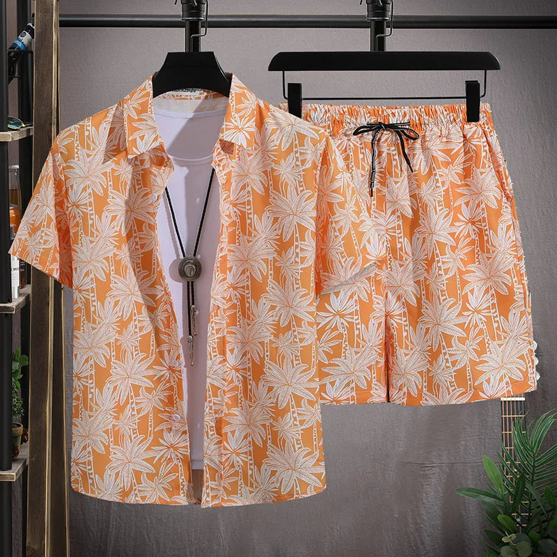 Ensemble de plage hawaïenne pour hommes Chemise à manches courtes à simple boutonnage et shorts Tenue de voyage décontractée pour vacances d’été