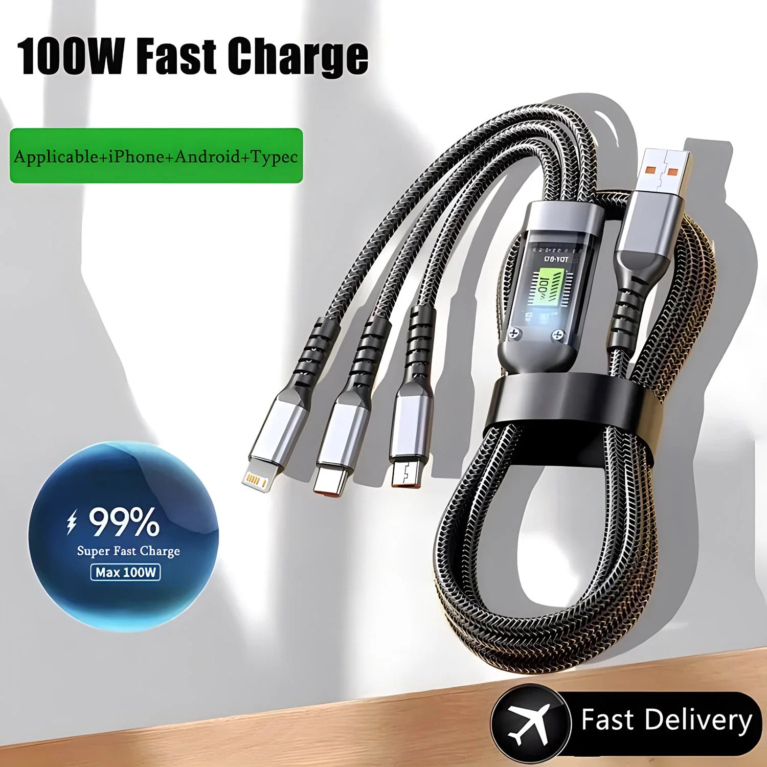 Câble de chargeur rapide 3-en-1 USB vers Type-C Micro Chargeur Rapide 100W 5A Pour iPhone 14 13 Samsung Xiaomi Huawei iPhone 14 13