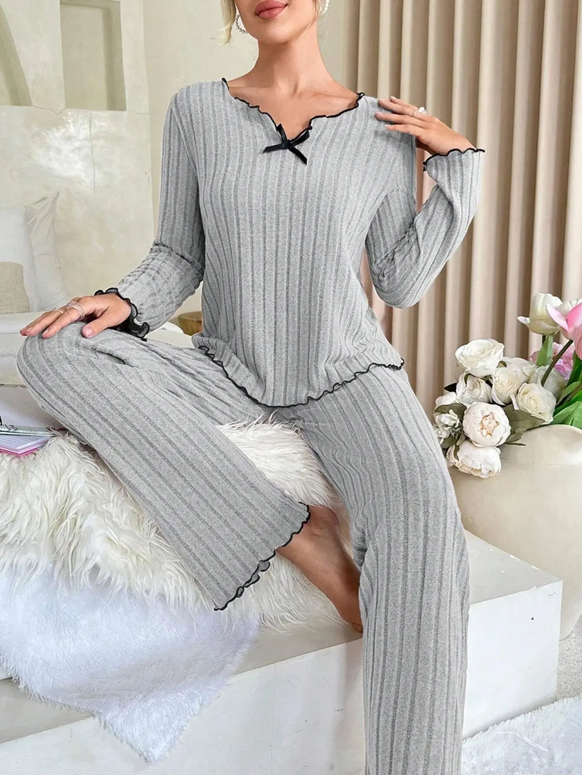 Femmes automne hiver vêtements de nuit côtelé pyjamas ensemble à manches longues haut et pantalons longs 2 pièces ensemble décontracté Homewear vêtements de détente