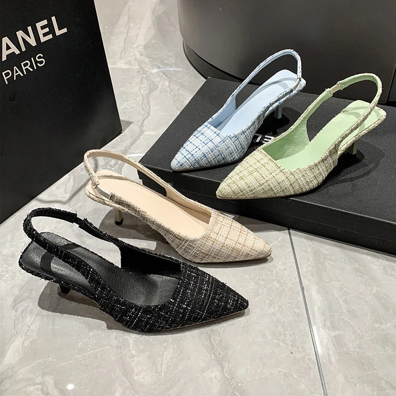 Marque Designer Slingbacks talons hauts pompes femmes pointu bleu bout pointu chaussures de fête été sandales à talons fins chaussures à talons hauts