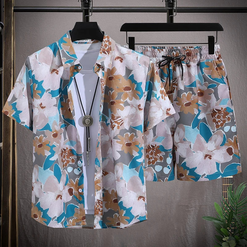Ensemble de plage hawaïenne pour hommes Chemise à manches courtes à simple boutonnage et shorts Tenue de voyage décontractée pour vacances d’été