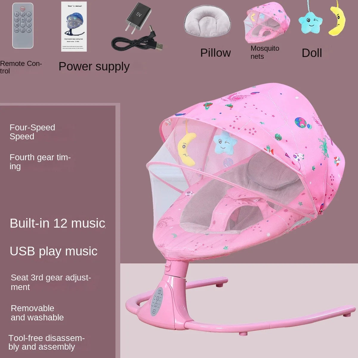 Chaise à bascule électrique pour bébé de 0 à 24 mois, musique automatique pour nouveau-né, avec moustiquaire, berceau à bascule automatique à distance