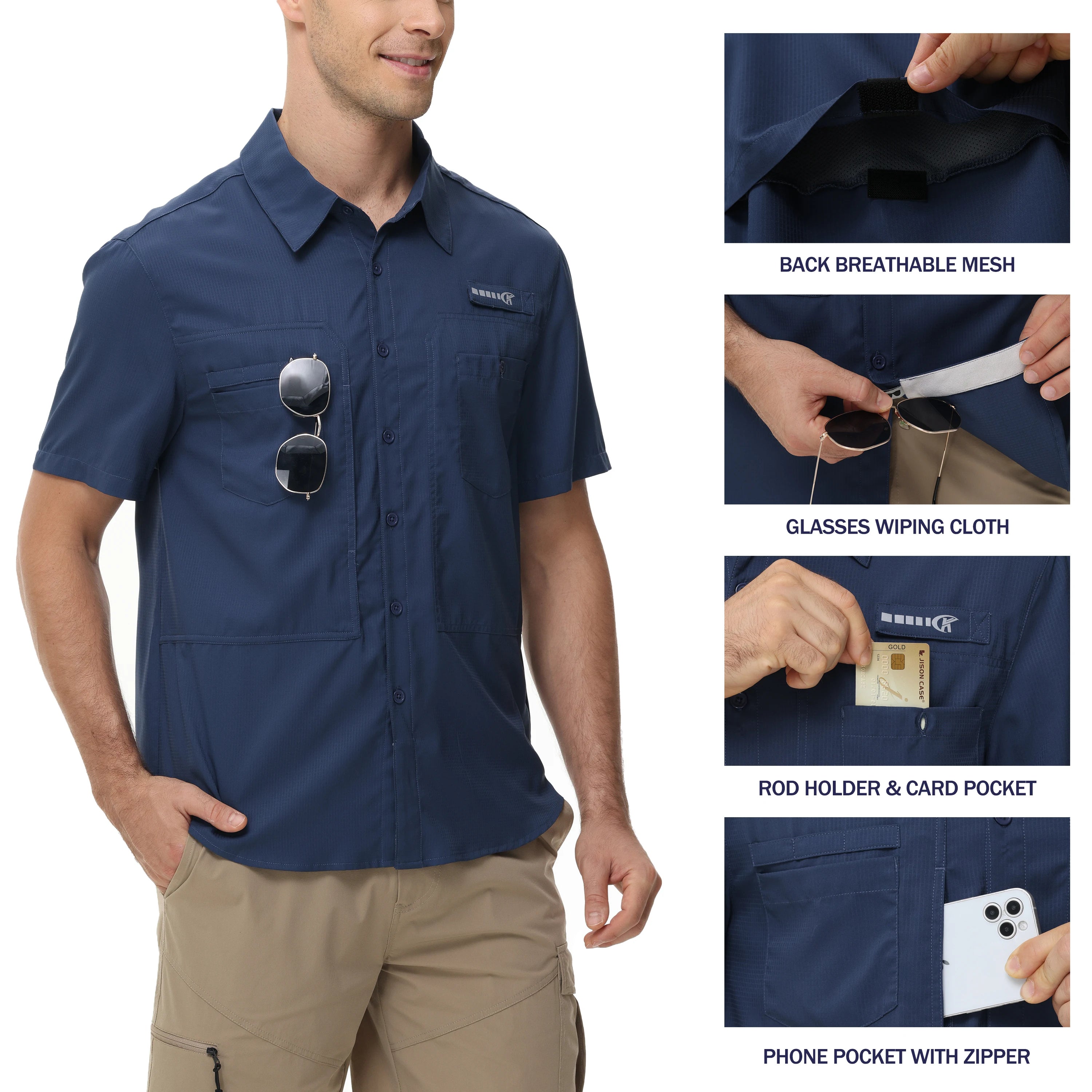 Chemises de pêche respirantes pour hommes, chemise de pêche Cargo décontractée à manches courtes UPF 50+, chemises tactiques boutonnées, chemisier pour l'extérieur