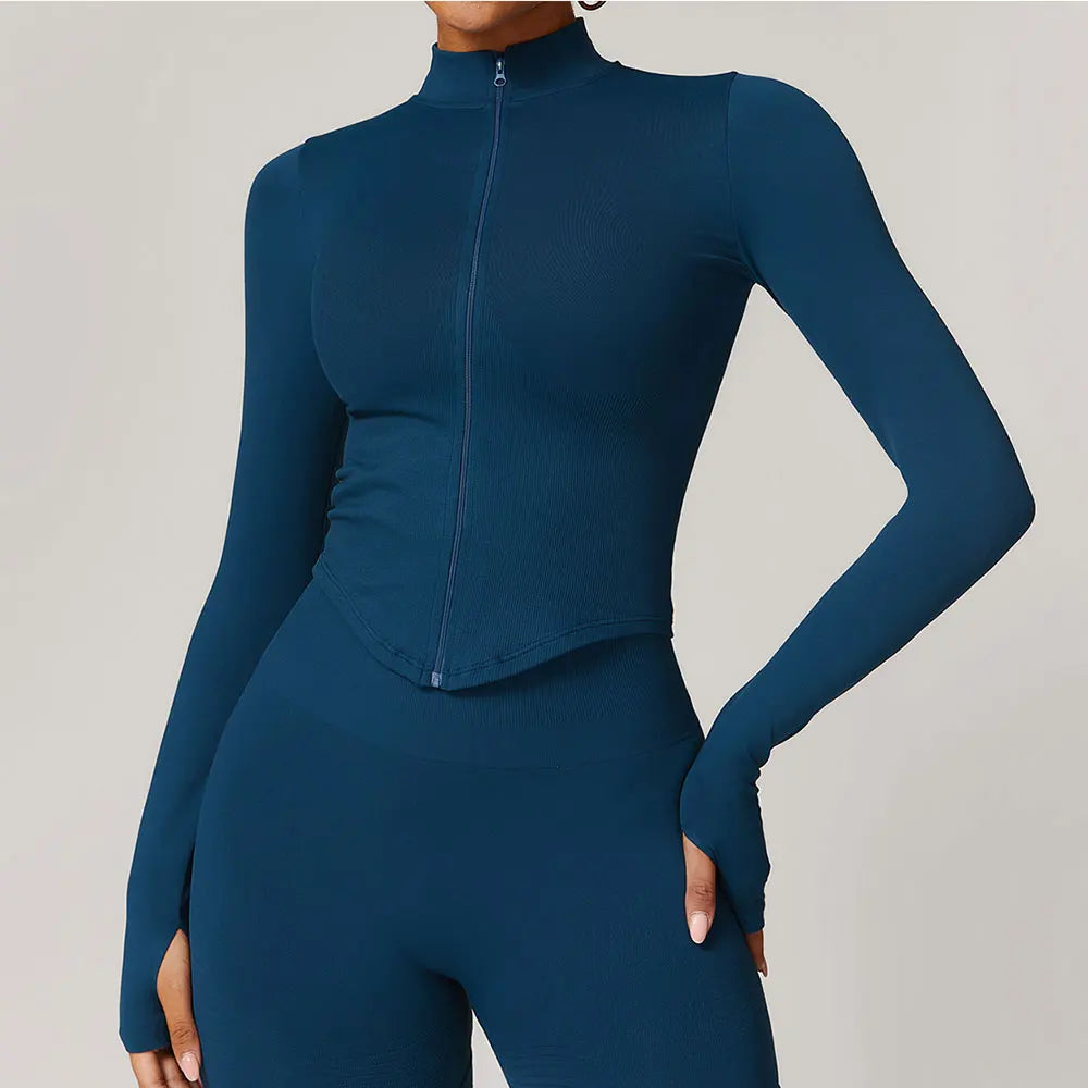 Veste à fermeture éclair pour femmes, haut court, T-shirts de Yoga, haut de Sport solide, chemises de course à manches longues, Sexy, séchage rapide, Fitness, vêtements de Sport