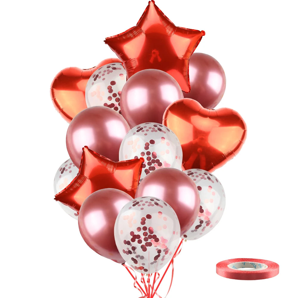 Ballons métalliques en forme d'étoile et de cœur, 14 pièces, ensemble de confettis or rouge bleu rose pour joyeux anniversaire, réception-cadeau pour bébé, mariage