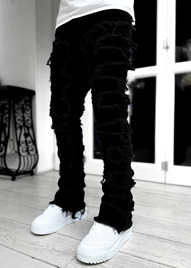 Jean empilé coupe régulière pour hommes déchiré coupe slim patch délavé Pantalon en denim droit détruit Hip Hop Pantalon streetwear tissu