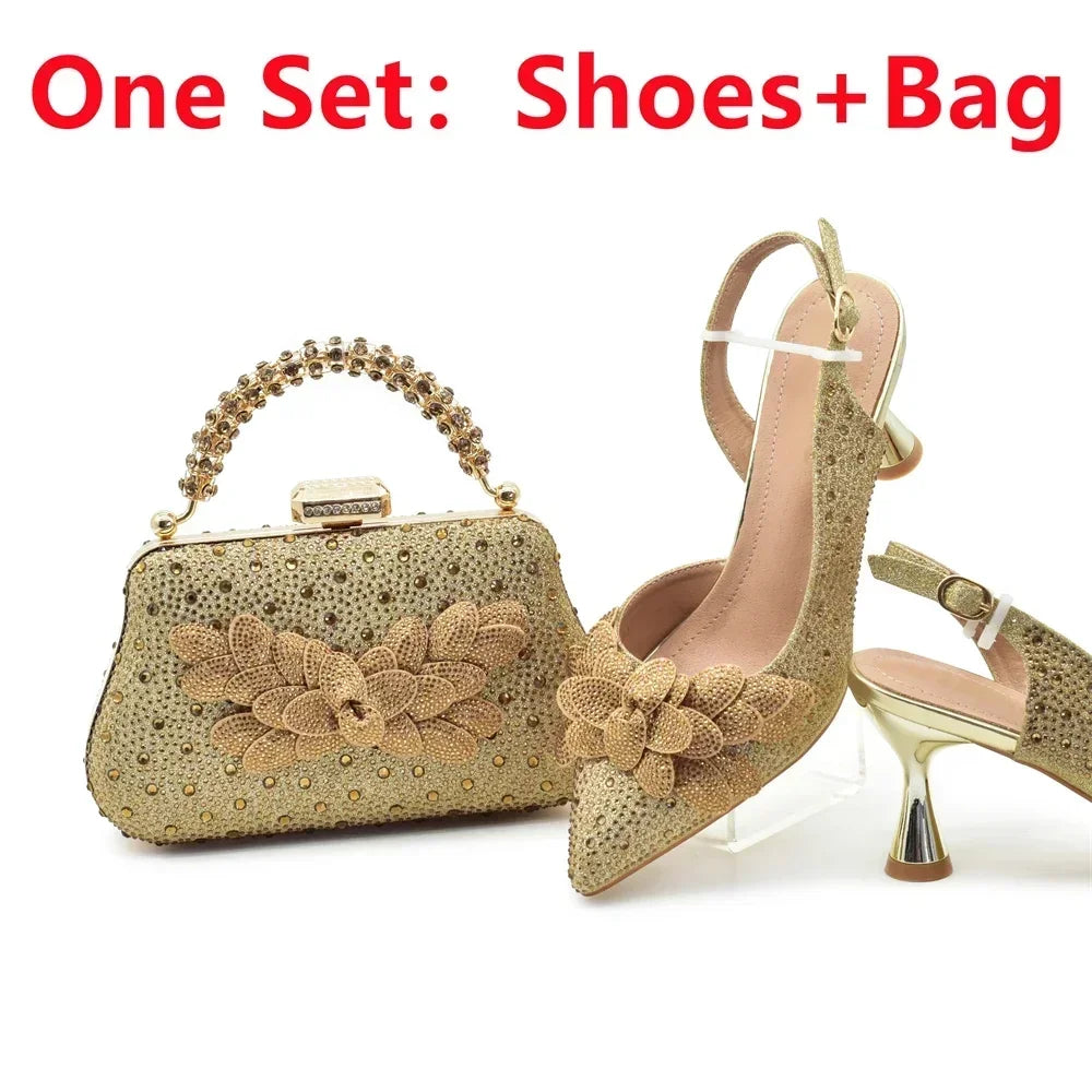 Ensemble de chaussures et de sacs italiens de luxe pour femmes, escarpins de mariage à bout pointu, talons hauts, strass, ensemble de chaussures et de sacs de fête pour dames