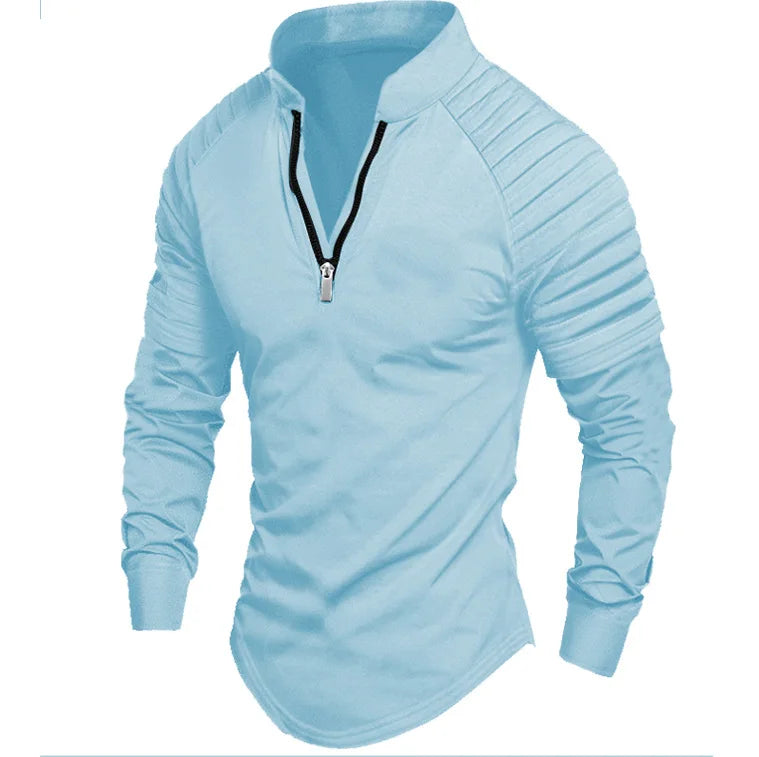 2024 Autumn men's half-zip long-sleeved Polo shirt arm pleats fashion stand-up collar top sweatshirt