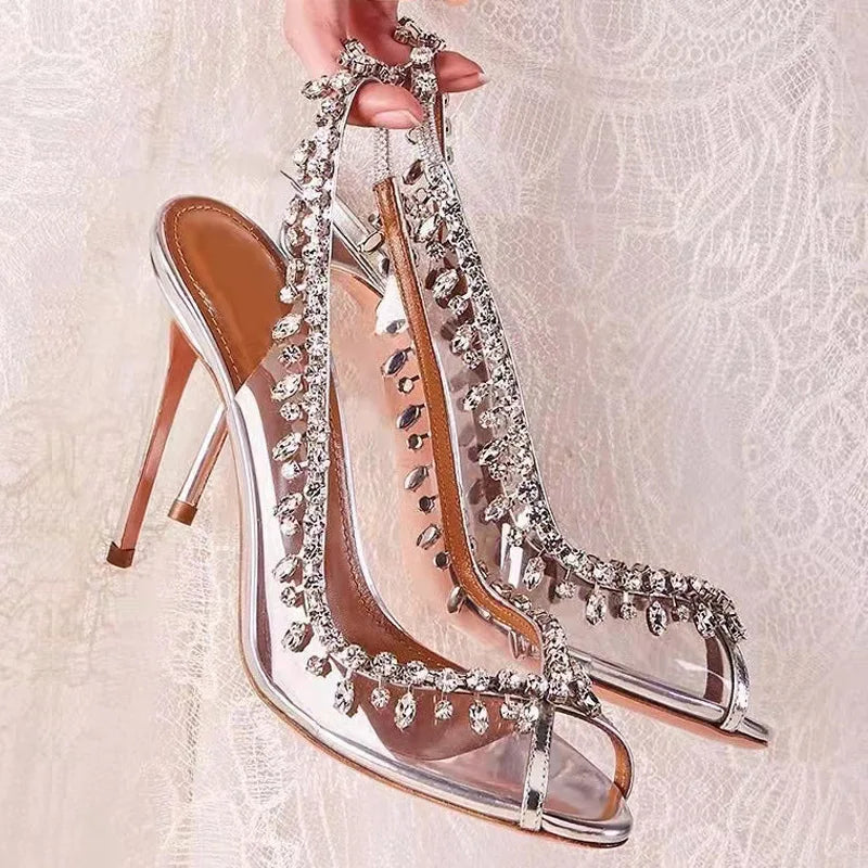 Sandales d'été à talons hauts pour femmes, bouche de poisson transparente avec chaîne en strass, talons aiguilles, chaussures à dos vide, nouvelle collection