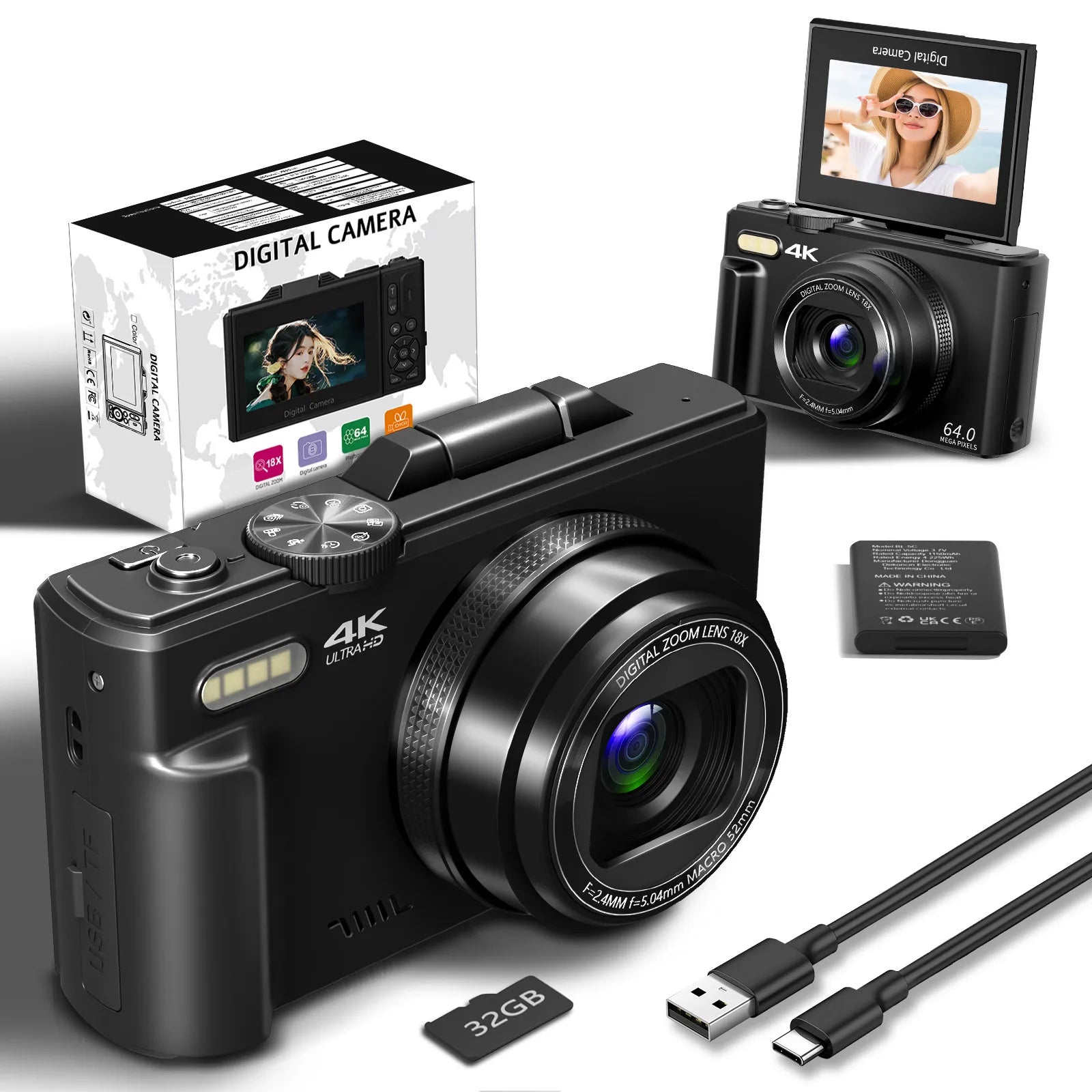 Appareil photo numérique compact 4K, zoom numérique 18x, enregistreur vidéo vlog vintage pour YouTube, 180 °   écran rabattable, webcam WiFi