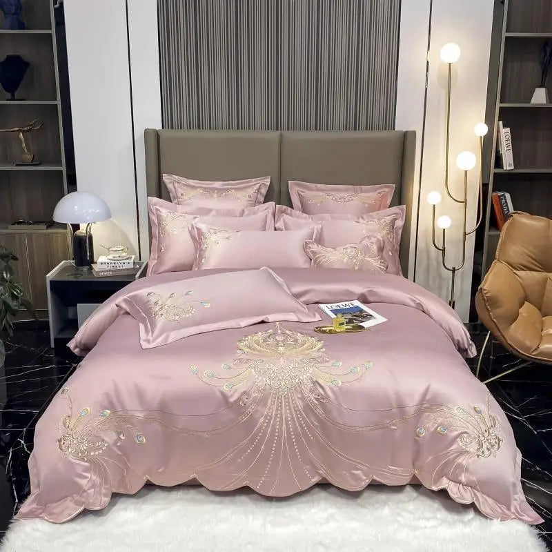 4/6 pièces blanc gris satin or broderie luxe Satin coton ensemble de literie Double reine roi housse de couette drap de lit taies d'oreiller