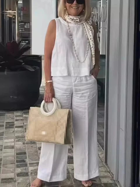 Spring Summer Cotton Linen Solid Color Sleeveless Women Pants Suit Simple Casual Pocket Elegant Female Office Retro 2 Piece Set