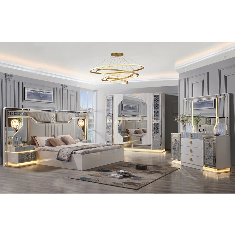 Commode de maquillage moderne en bois avec miroir à diode électroluminescente, ensemble de meubles de chambre à coucher, design de luxe