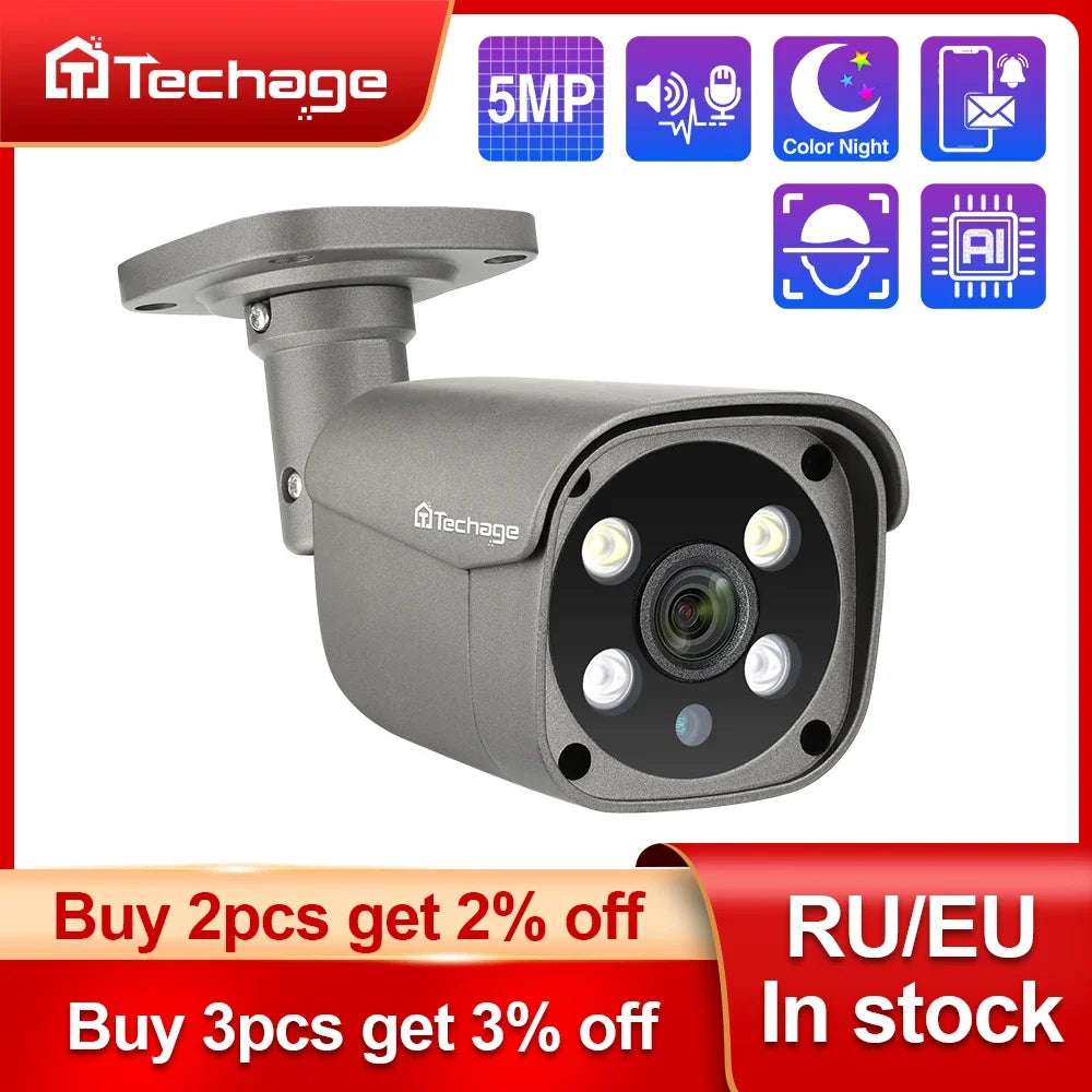 Techage H.265 5MP 4K sécurité POE caméra IP détection humaine extérieure bidirectionnelle Audio vidéo Surveillance AI caméra IP pour système NVR