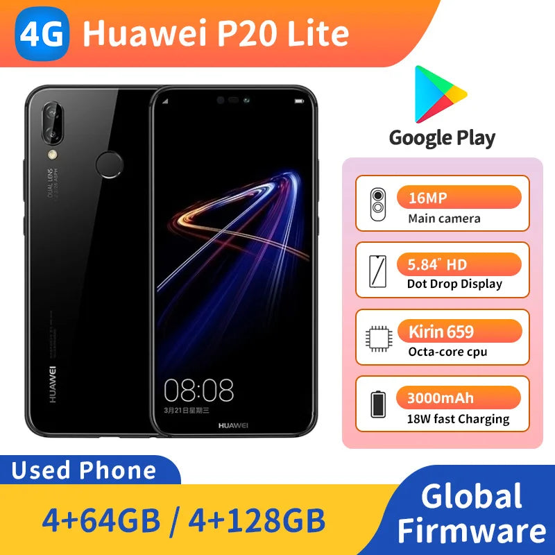 Huawei P20 Lite 4g SmartPhone CPU Kirin 659 3000mAh batterie 128GB ROM 16MP caméra Android Original utilisé téléphone