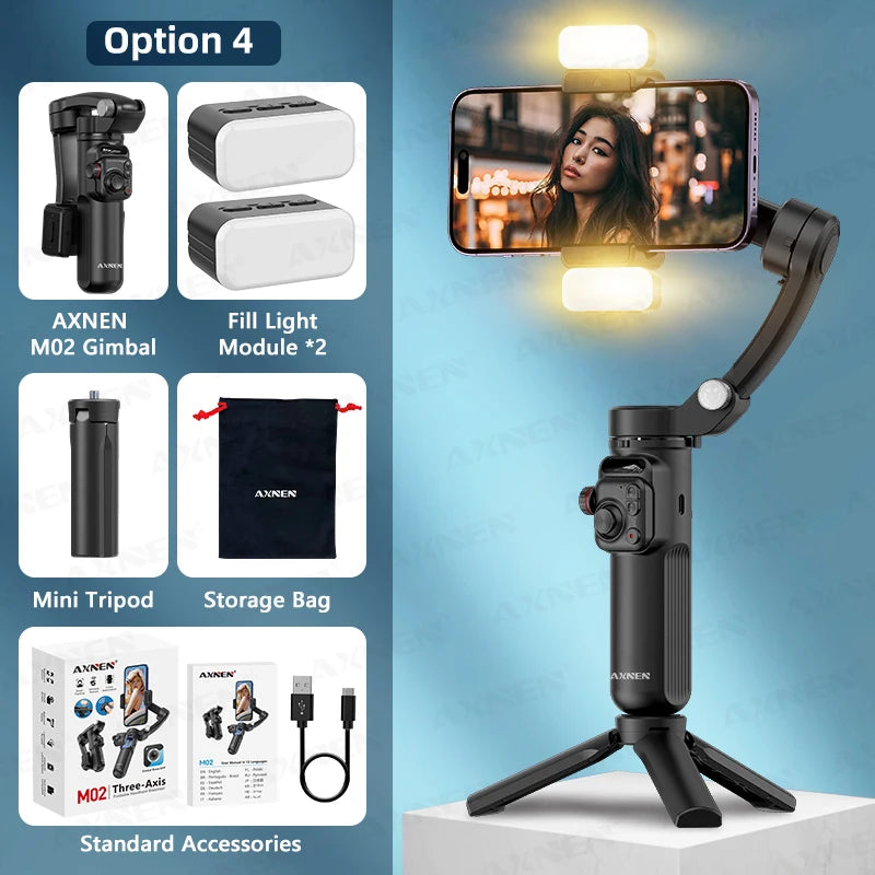 AXNEN M02 stabilisateur de Smartphone à cardan 3 axes Anti-secouement enregistrement vidéo jumelles de Selfie portables pour iPhone Android suivi du visage