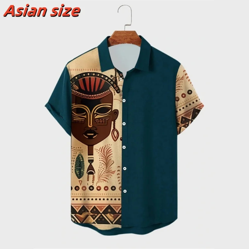 Chemise hawaïenne à motif mystère rétro pour hommes, chemises de plage ethniques imprimées en 3D, décontractées, manches courtes, boutons à revers, chemisiers