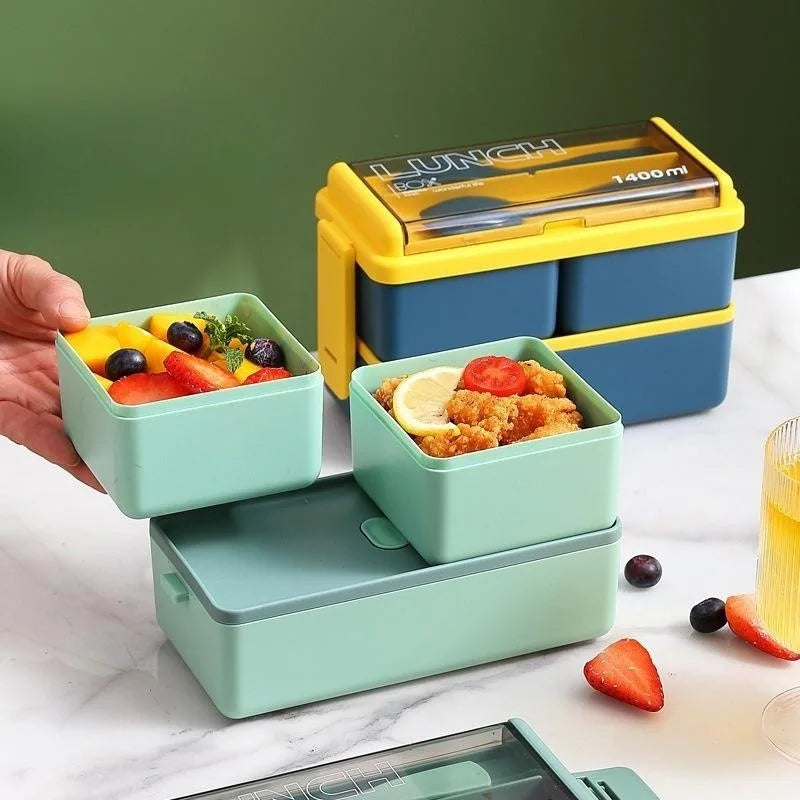 Boîte à déjeuner Portable pour enfants, avec fourchette et cuillère, boîtes à Bento en plastique Double couche pour micro-ondes, ensemble de vaisselle, conteneur de stockage des aliments