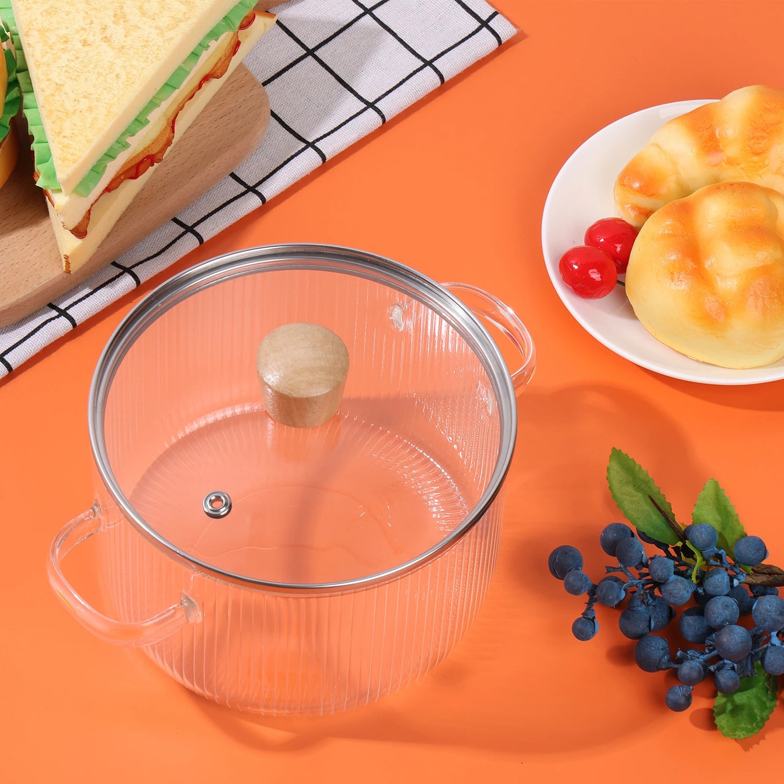Casserole en verre transparente avec couvercle, 1,6 l, marmite à soupe en verre résistant à la chaleur, double poignées, outils de cuisine