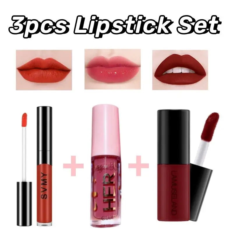 3pcs set Velvet Matte Lip Mud Waterproof Long Lasting Lipstick Lip Gloss  Lip Makeup Cosmetic for women