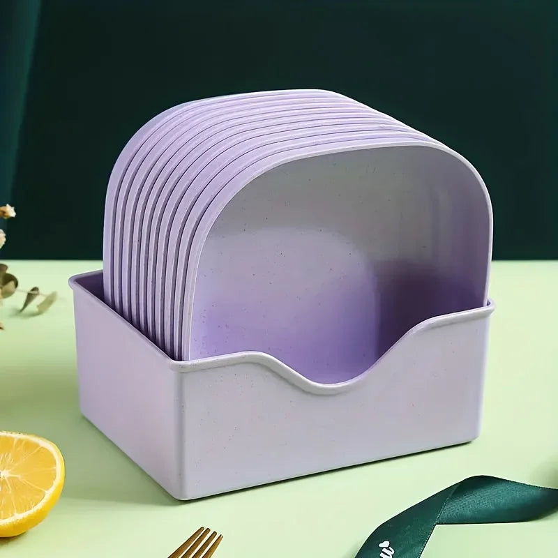 Un ensemble de 10 assiettes carrées avec 1 support – ensemble d'assiettes alimentaires portables