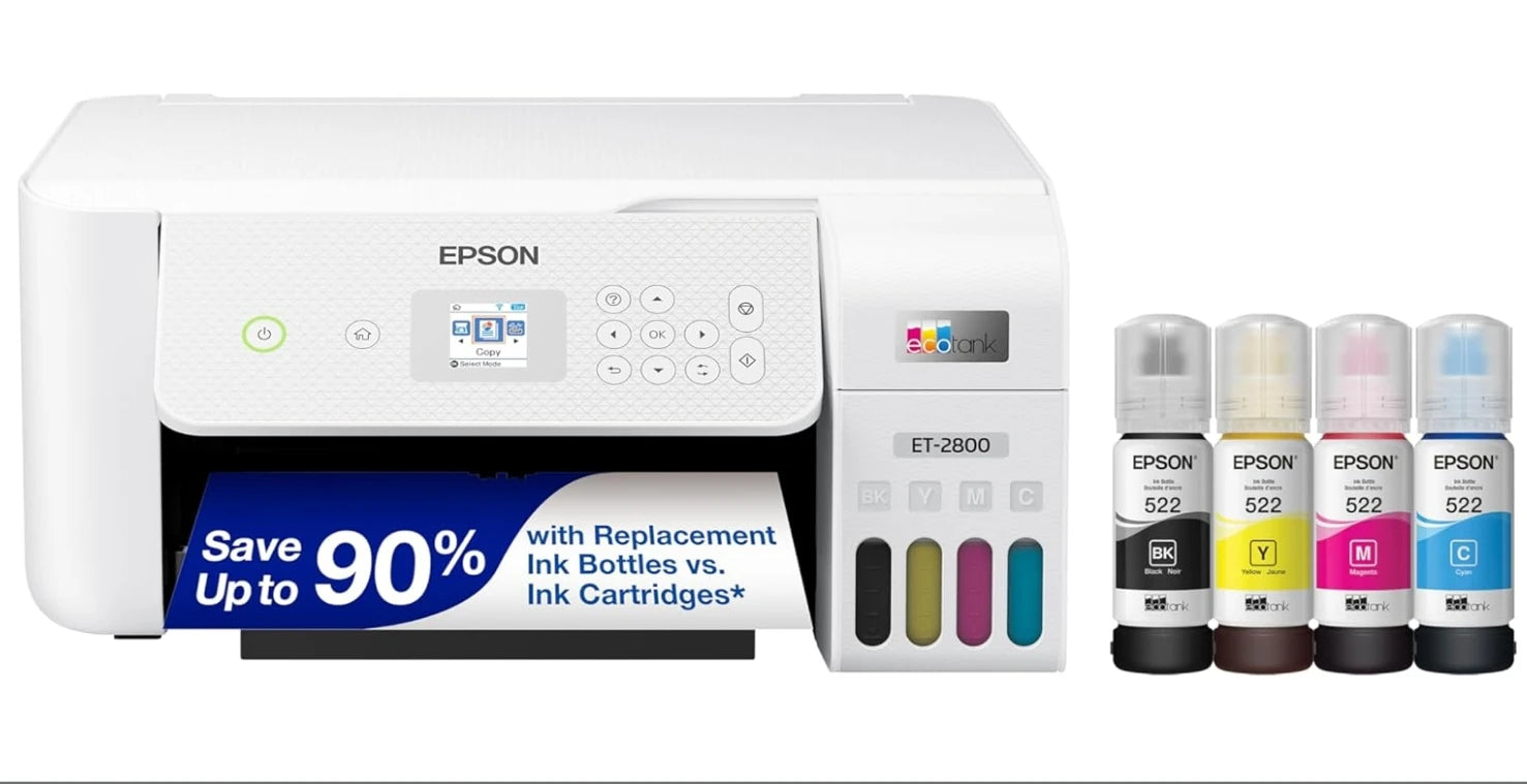 Imprimante tout-en-un couleur sans fil Ep/on EcoTank ET-2800 sans cartouches d'encre avec fonctions de numérisation et de copie imprimante domestique