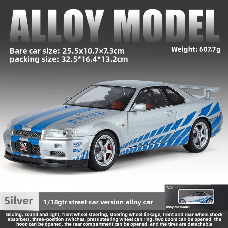 Grande taille 1/18 échelle Nissan GT-R R34 horizon alliage voiture modèle moulé sous pression jouet voiture pour garçons JDM voiture de course jouet cadeau passe-temps à collectionner