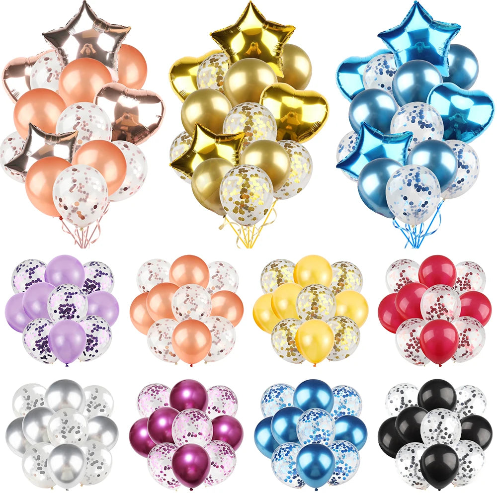 Ballons métalliques en forme d'étoile et de cœur, 14 pièces, ensemble de confettis or rouge bleu rose pour joyeux anniversaire, réception-cadeau pour bébé, mariage