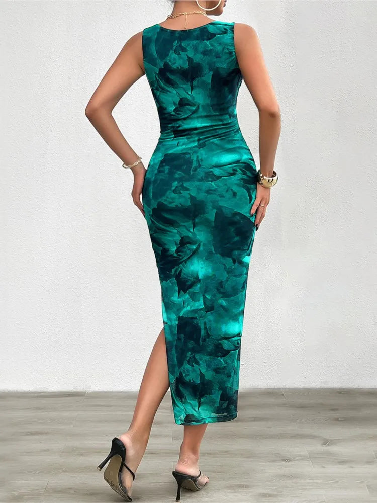 Women's 2024 Spring Summer New Fashionable Printed Round Neck Style Slimming Sleeveless Tight Dress With Split Bottom