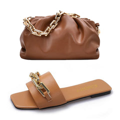Sac à main et sac à main en cuir PU de haute qualité, ensembles de sandales à chaîne, chaussures plates et ensemble de sacs assortis pour femmes de luxe