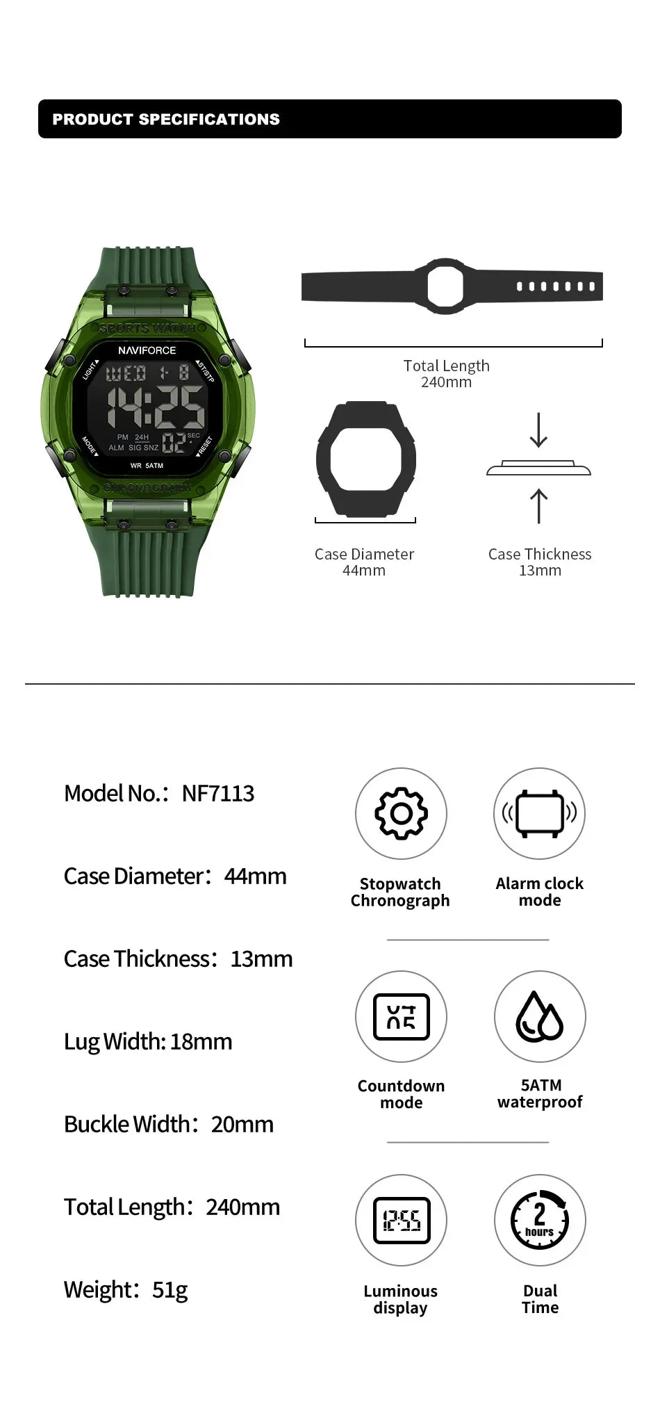 NAVIFORCE NF7113 montre pour hommes mode populaire bracelet en Silicone 5ATM étanche électronique Simple calendrier horloge