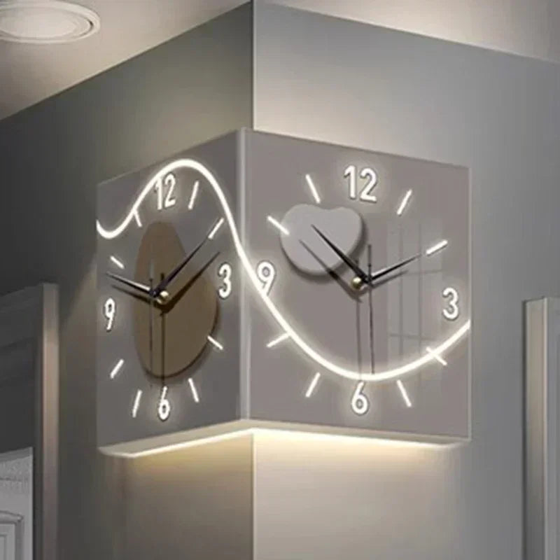 Horloge murale Double face créative salon murale coin horloges Art moderne lumière LED horloge murale décoration suspendue