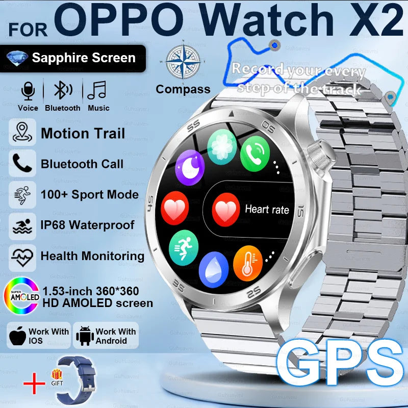 Pour OPPO X2 GPS montres intelligentes homme 360*360 AMOLED écran fréquence cardiaque Bluetooth appel IP68 étanche boussole sport Smartwatch 2025